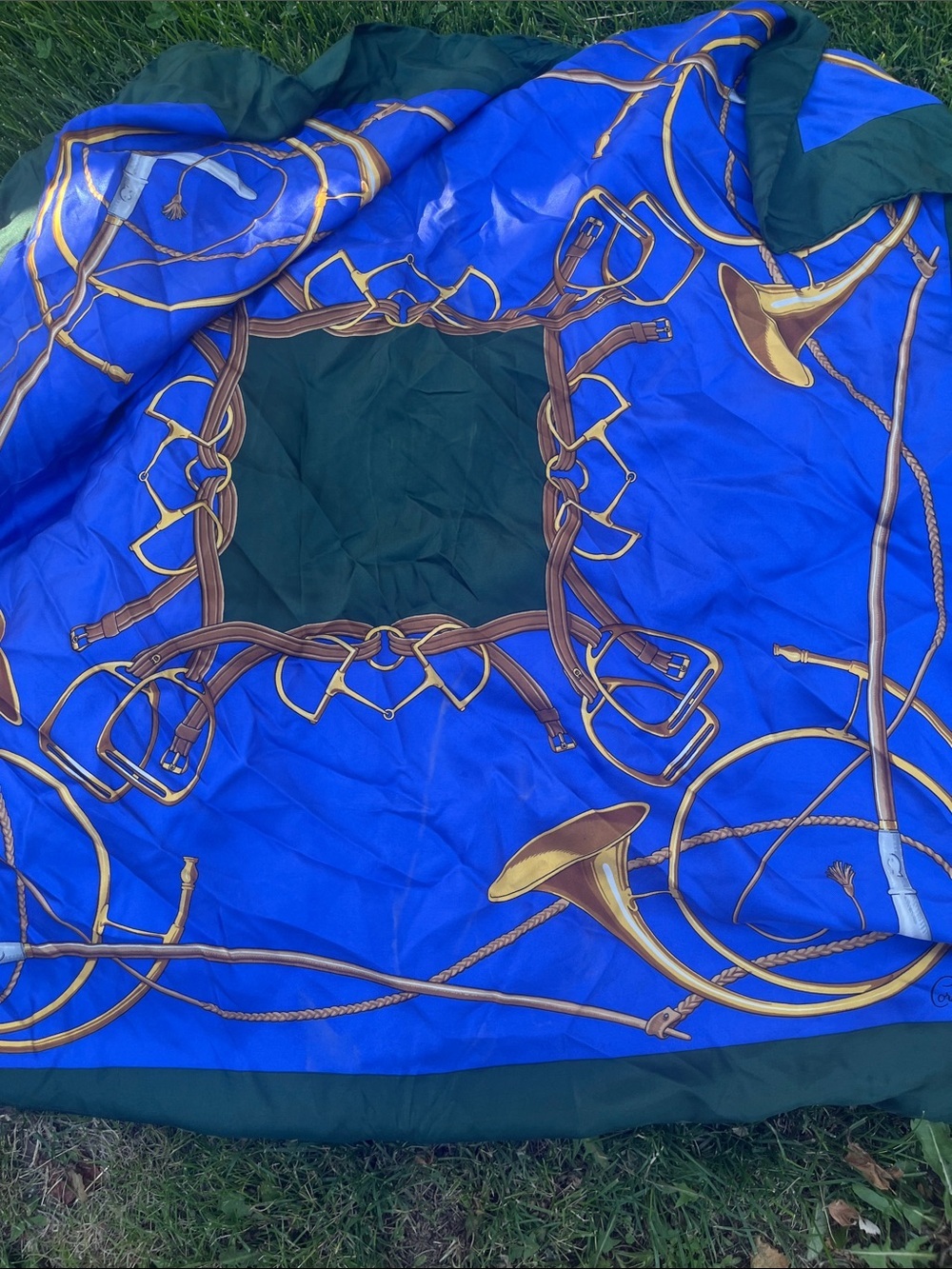 Blue Equestrian Print Silk-Feel Scarf Cornelia James
